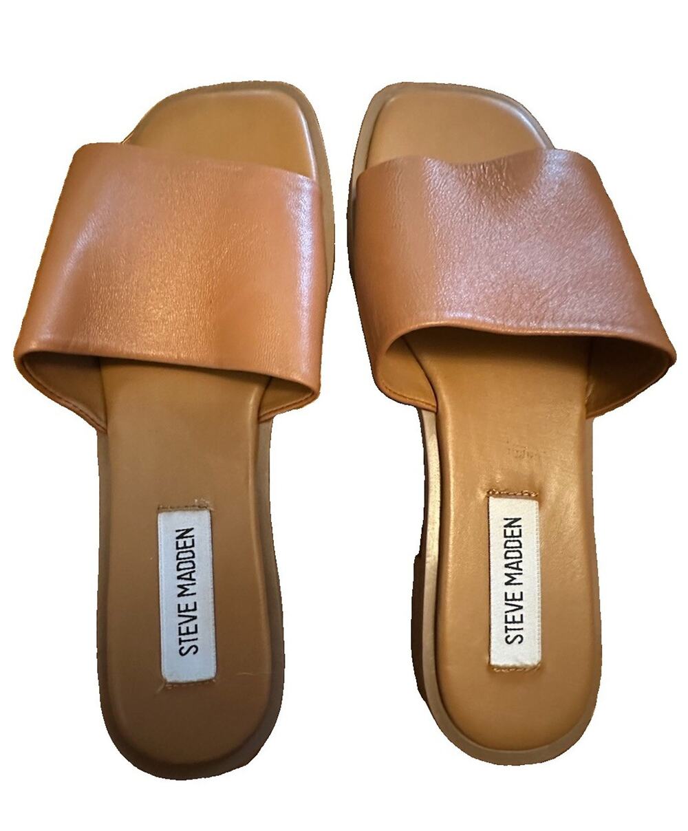 Steve Madden Lunah Tan Leather Slide Sandals Square Toe Flat Slides Women's 6.5